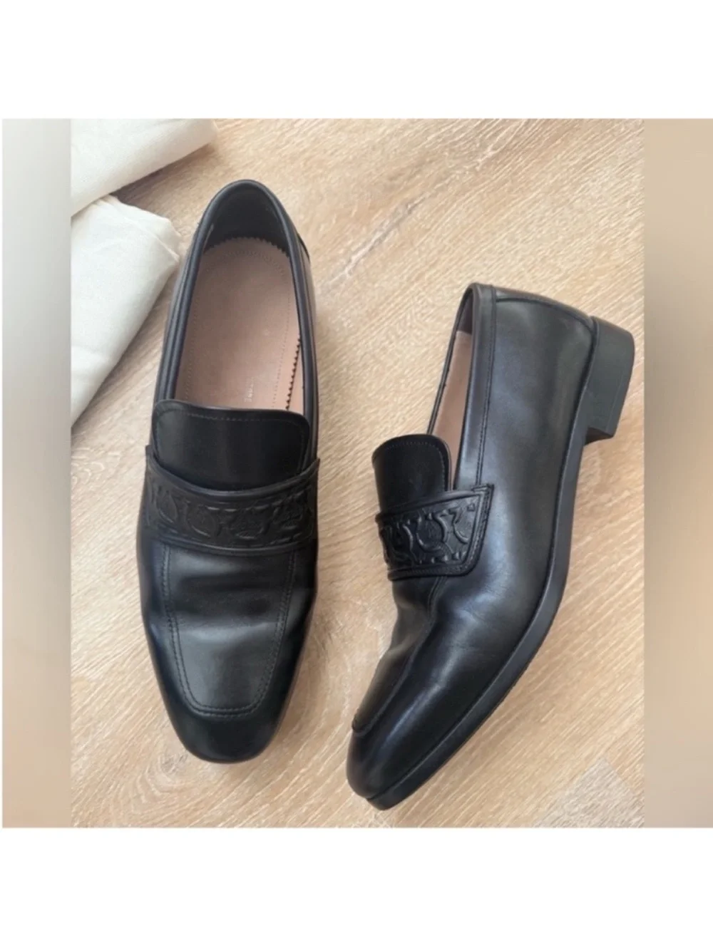 Salvatore Ferragamo Black Leather Embossed Penny Loafers